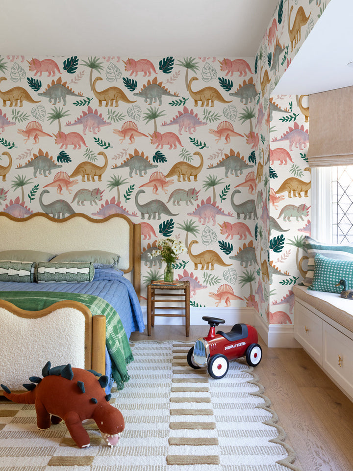 'Pastel Dino' Wallpaper by Meri Meri - White