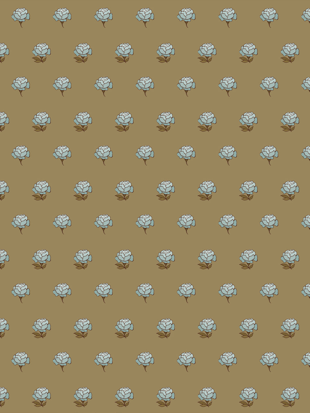 Peony Party wallpaper: pale blue peonies with brown stems on a khaki camel ground