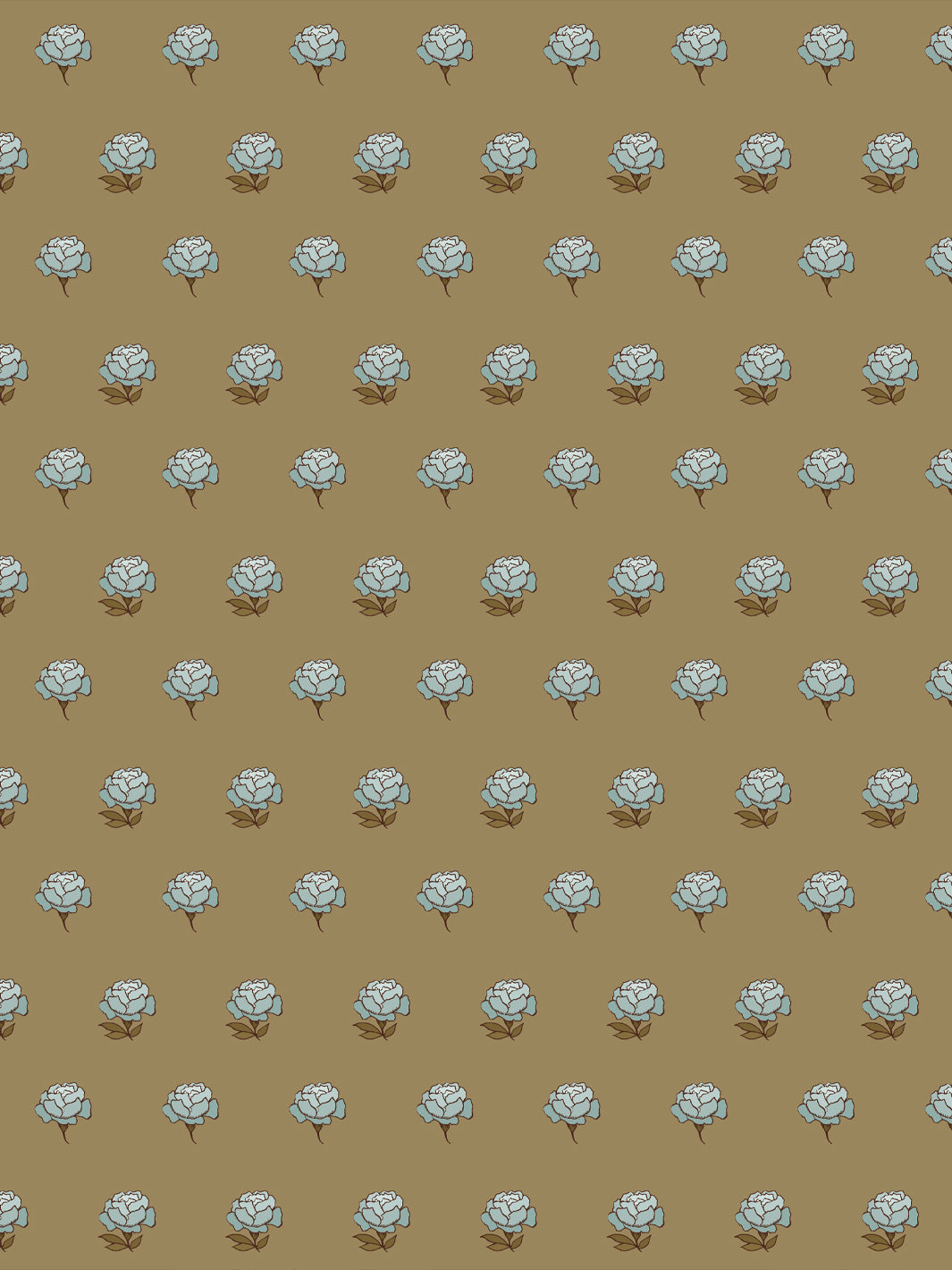Peony Party wallpaper: pale blue peonies with brown stems on a khaki camel ground