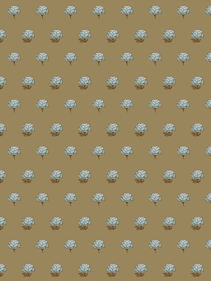 Peony Party wallpaper: pale blue peonies with brown stems on a khaki camel ground
