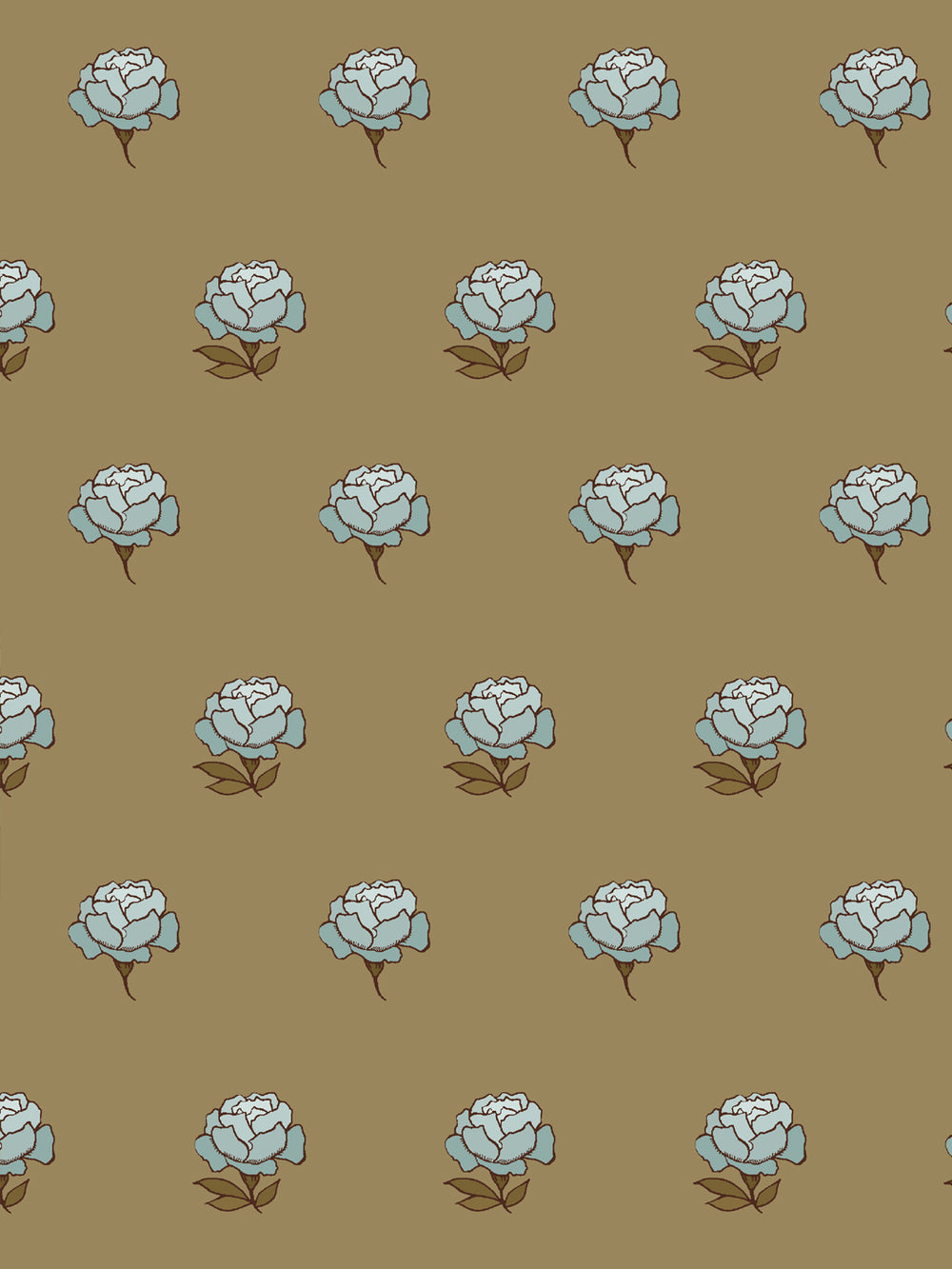 Close crop of pale ice blue peony heads on warm khaki camel brown