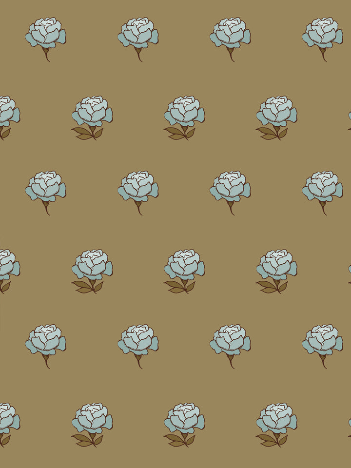 Close crop of pale ice blue peony heads on warm khaki camel brown