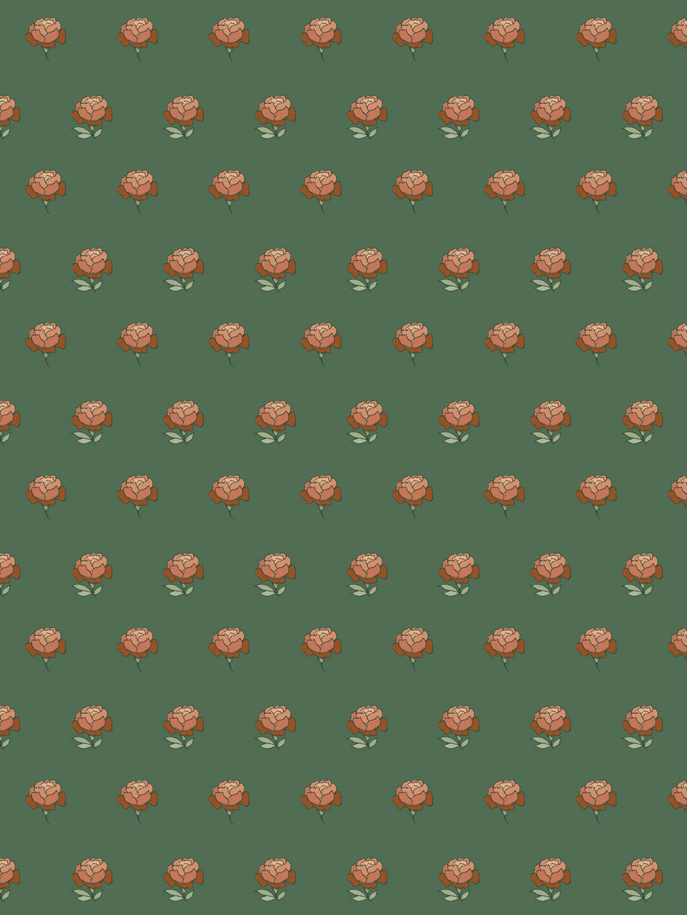 Peony Party wallpaper: terracotta peonies with sage leaves scattered on a deep pine green ground