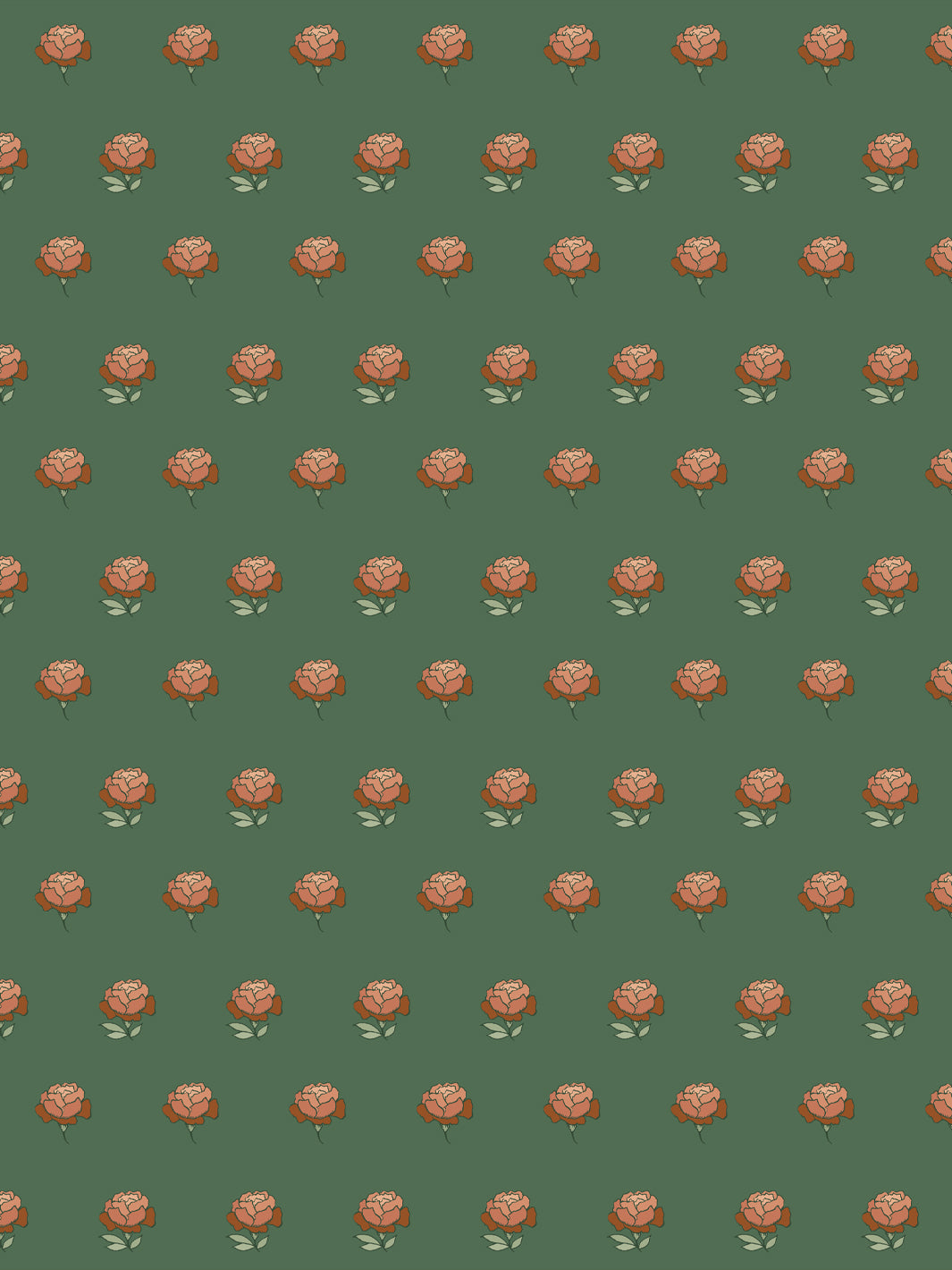 Peony Party wallpaper: terracotta peonies with sage leaves scattered on a deep pine green ground