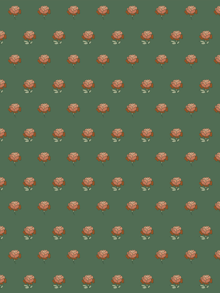 Peony Party wallpaper: terracotta peonies with sage leaves scattered on a deep pine green ground
