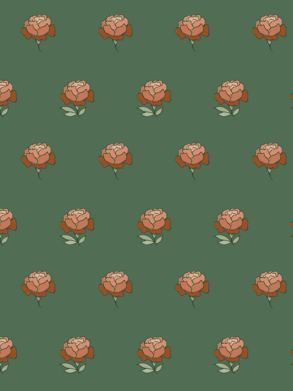 Close crop of terracotta orange peony heads on deep pine green