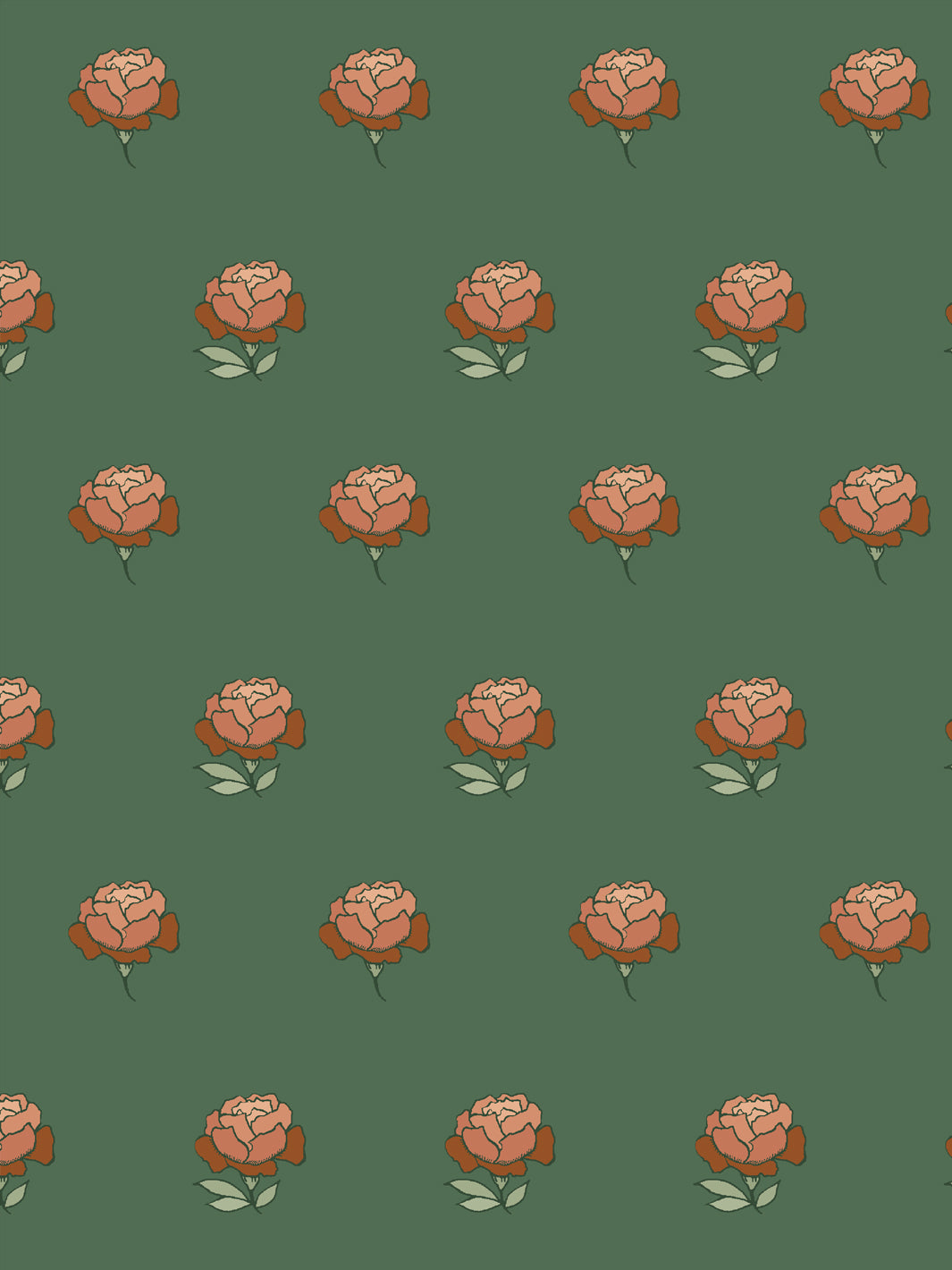 Close crop of terracotta orange peony heads on deep pine green