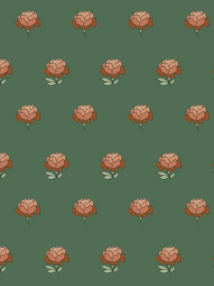 Close crop of terracotta orange peony heads on deep pine green