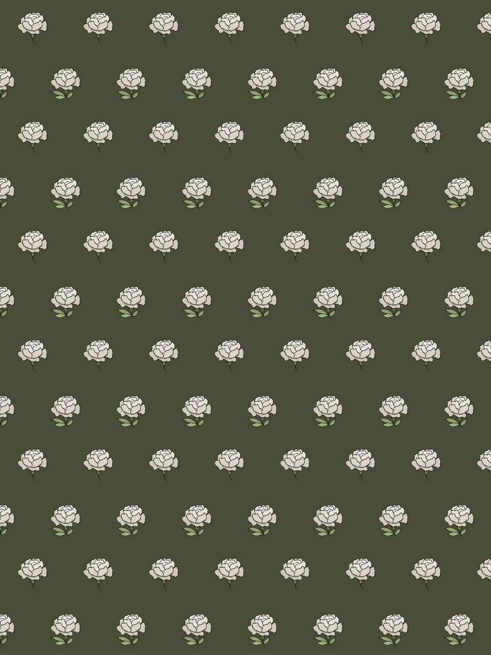 Peony Party wallpaper: cream peonies with sage leaves on a dark olive moss ground