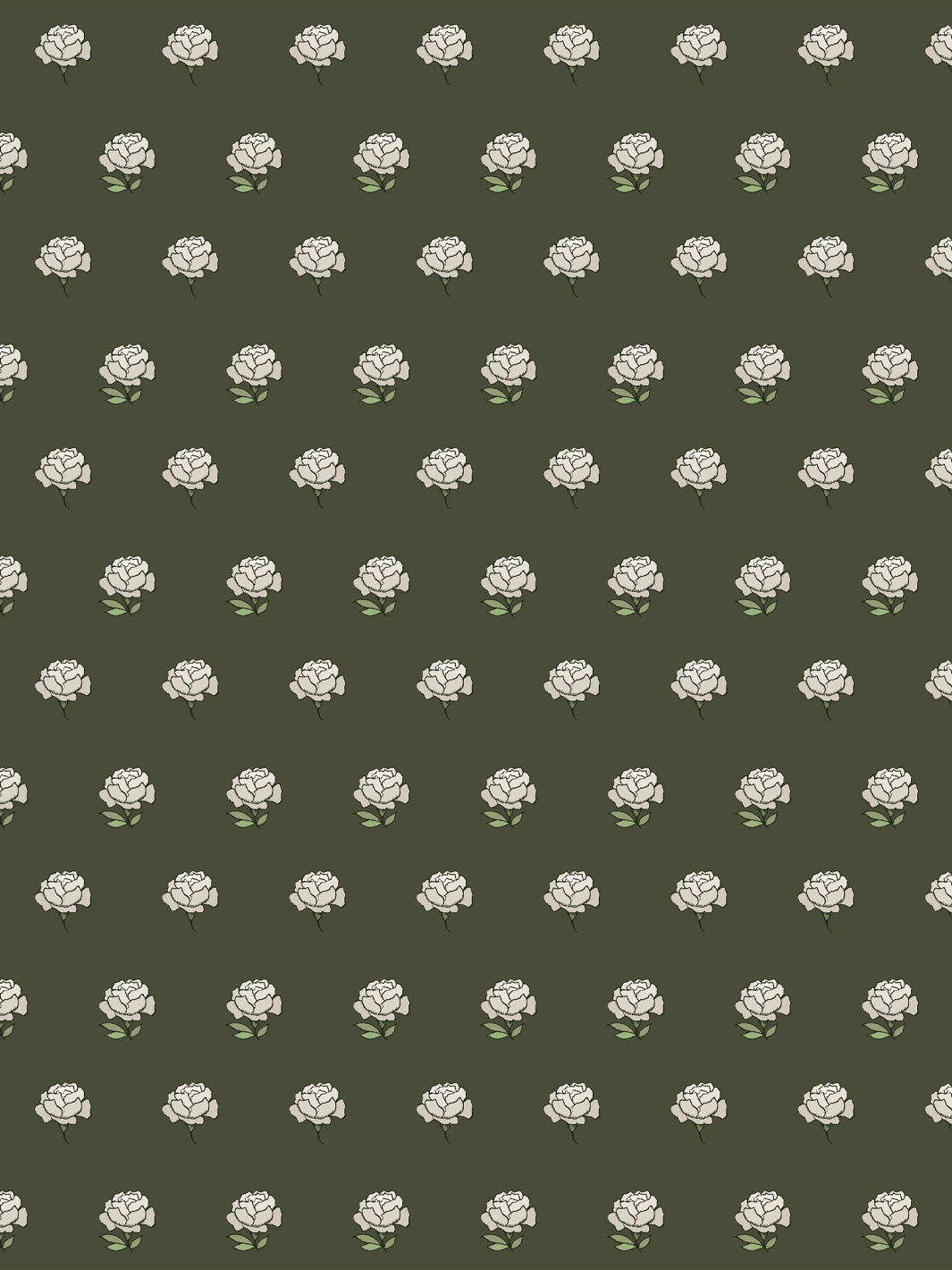 Peony Party wallpaper: cream peonies with sage leaves on a dark olive moss ground