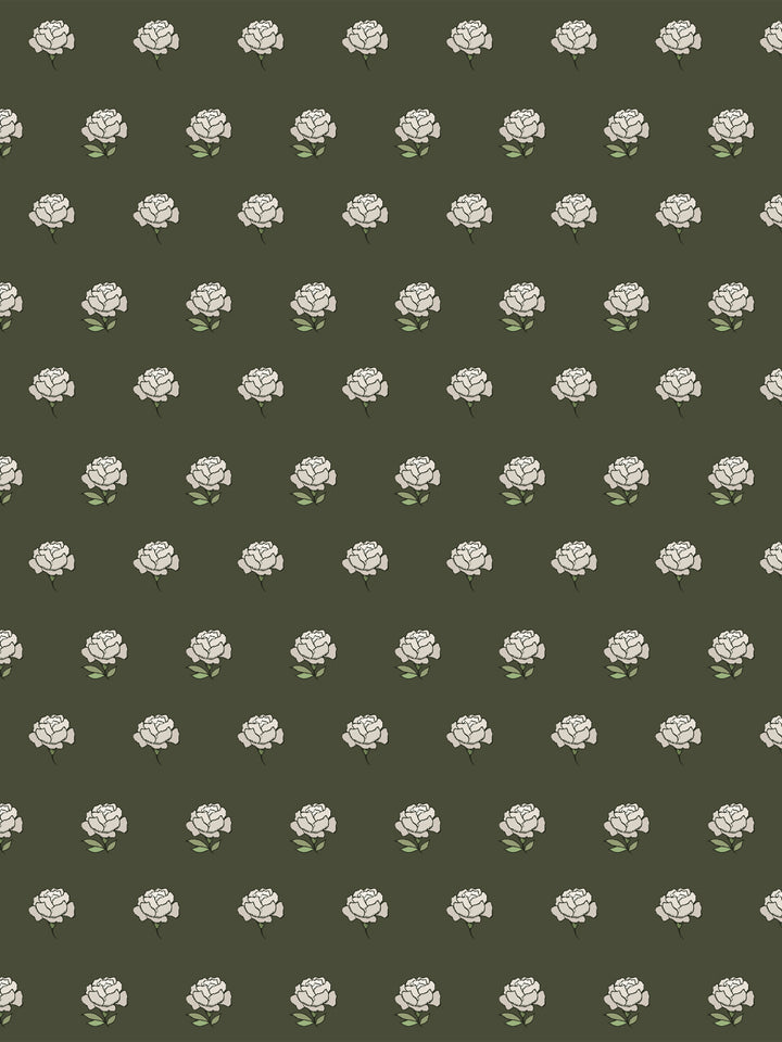 Peony Party wallpaper: cream peonies with sage leaves on a dark olive moss ground