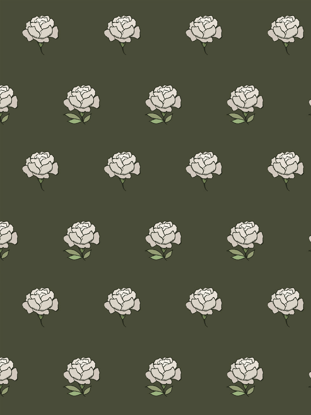 Close crop of warm cream ivory peony heads on dark olive moss green