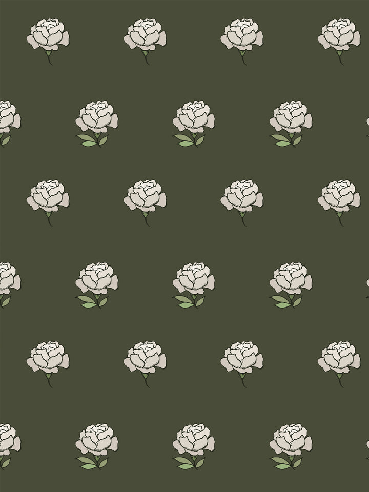 Close crop of warm cream ivory peony heads on dark olive moss green