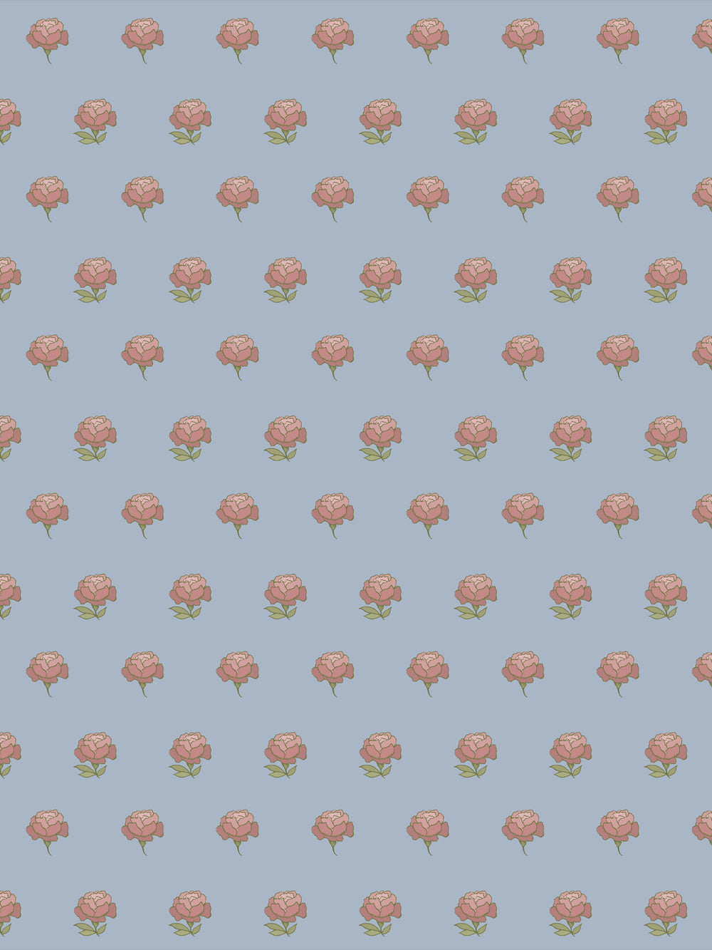 Peony Party wallpaper: dusty pink peonies with olive leaves on a pale dusty blue ground