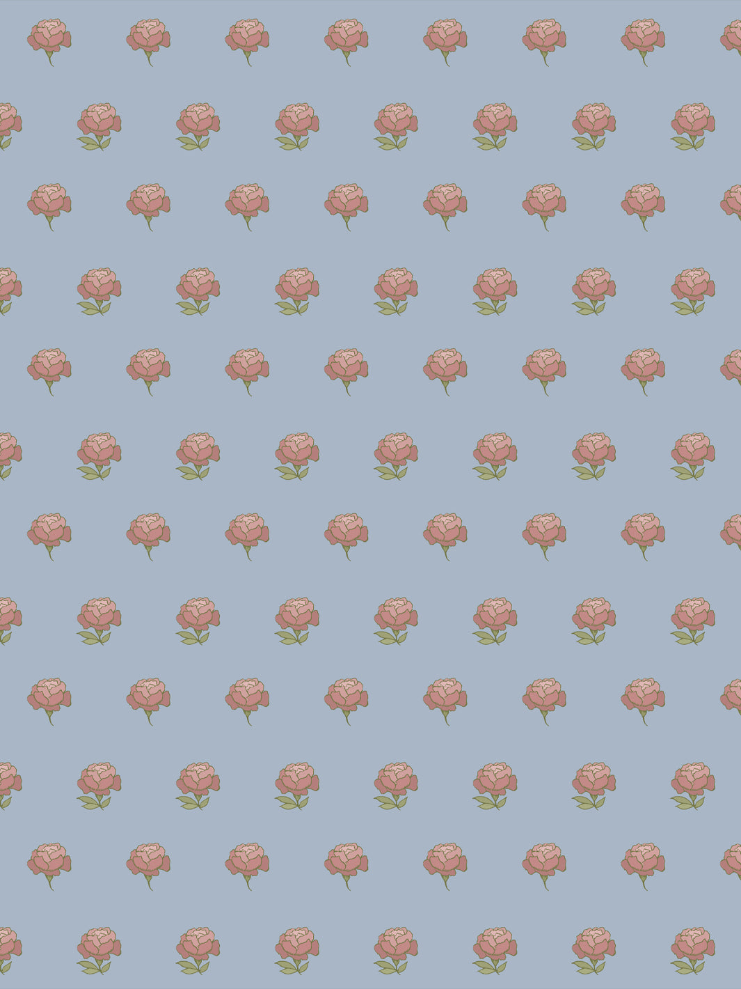 Peony Party wallpaper: dusty pink peonies with olive leaves on a pale dusty blue ground