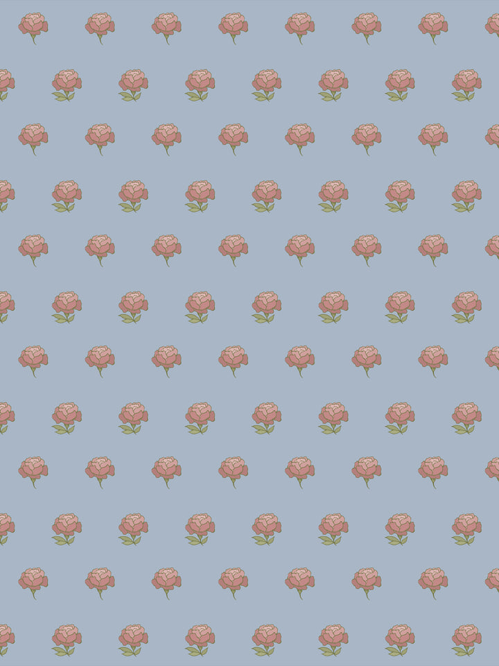 Peony Party wallpaper: dusty pink peonies with olive leaves on a pale dusty blue ground
