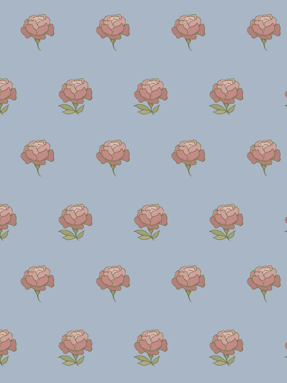Close crop of dusty rose pink peony heads on soft dusty light blue