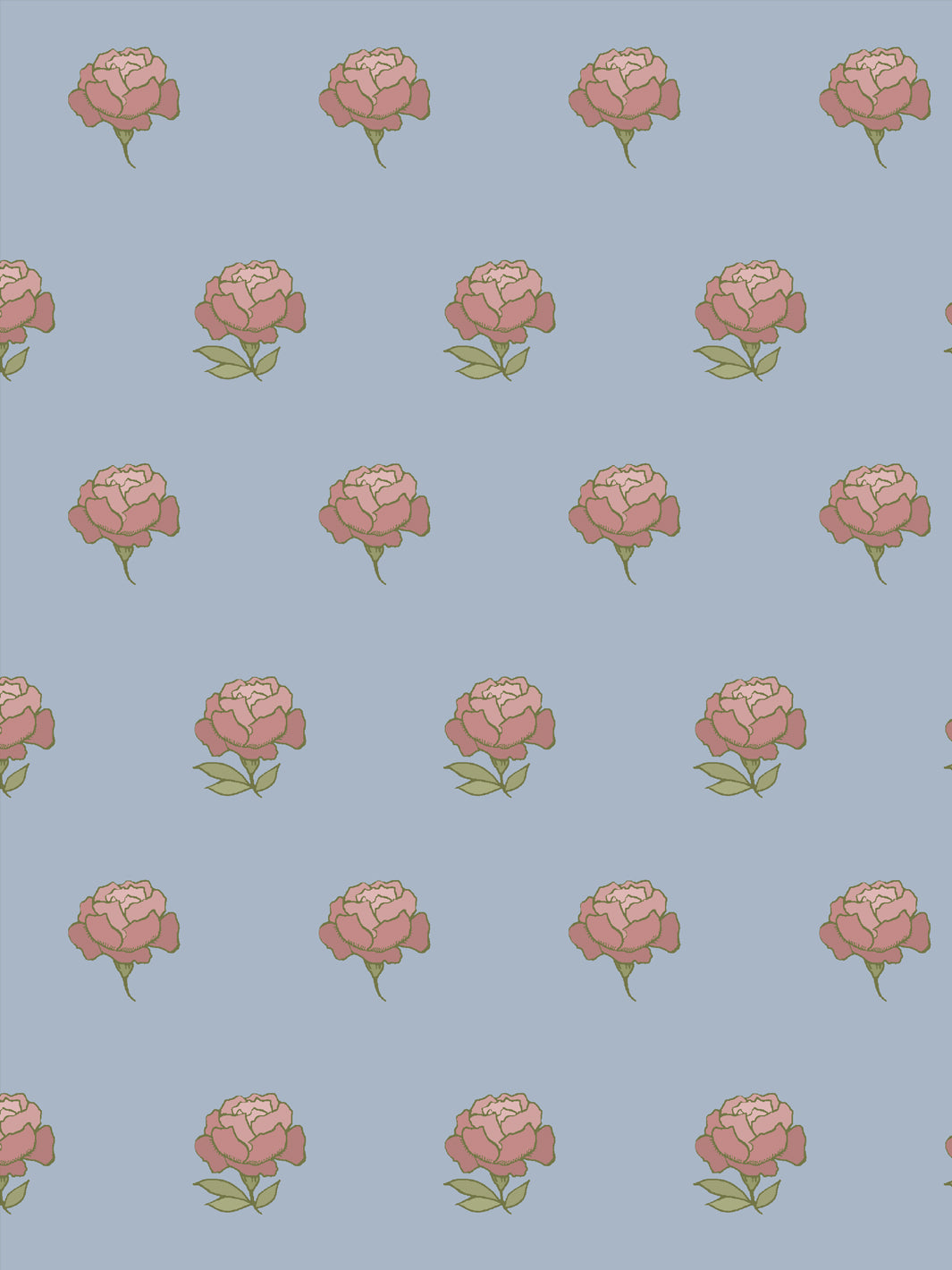 Close crop of dusty rose pink peony heads on soft dusty light blue