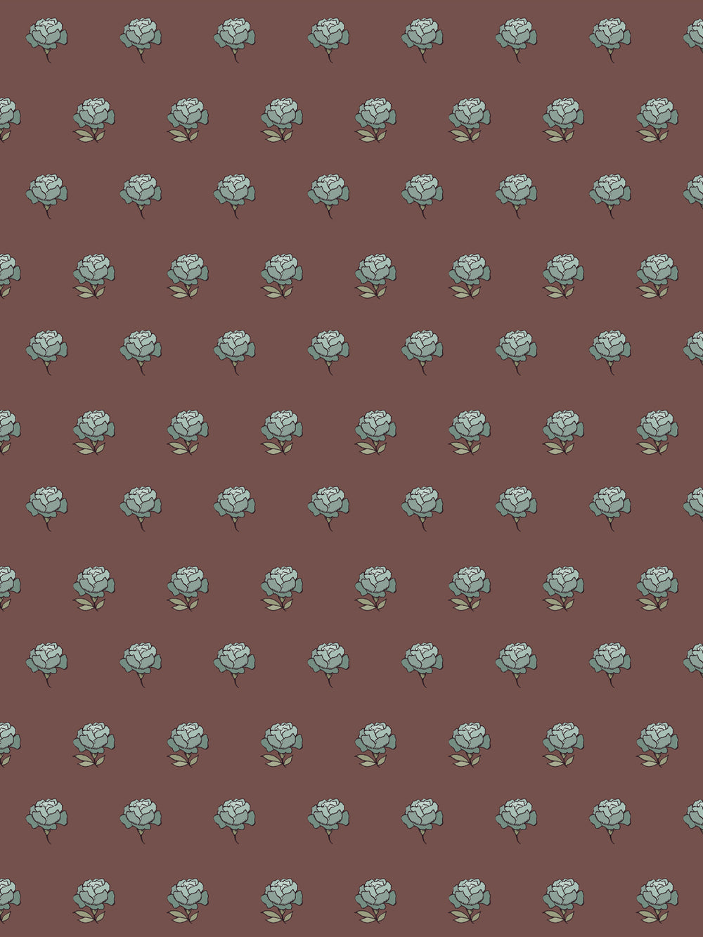 Peony Party wallpaper: grey-blue peonies with khaki leaves on a faded maroon brown ground