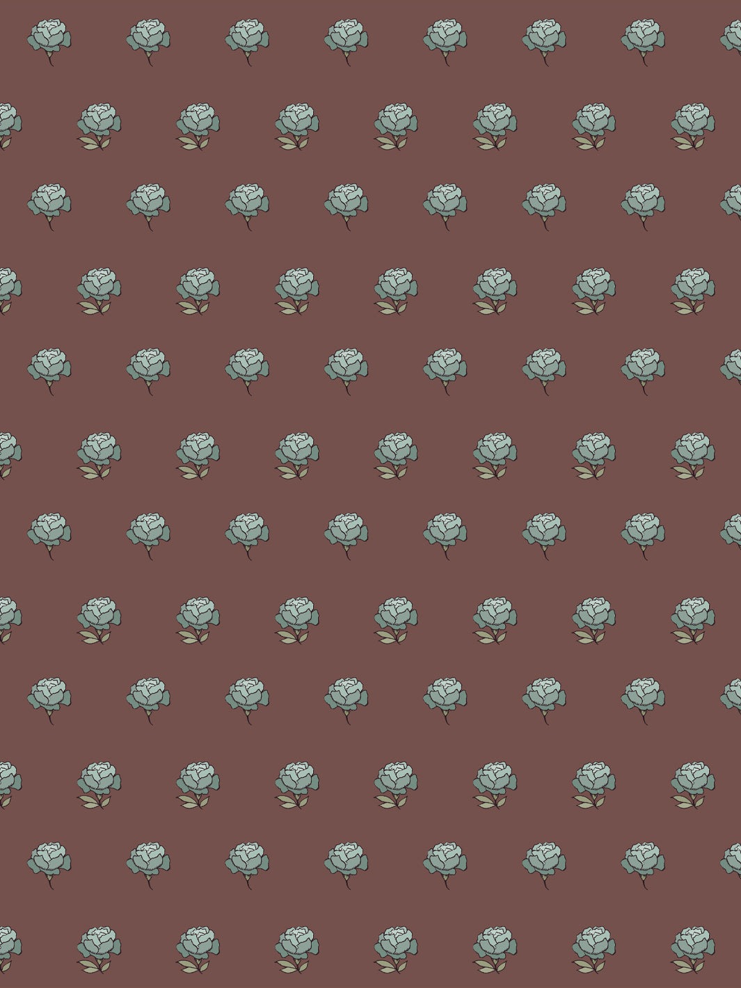 Peony Party wallpaper: grey-blue peonies with khaki leaves on a faded maroon brown ground
