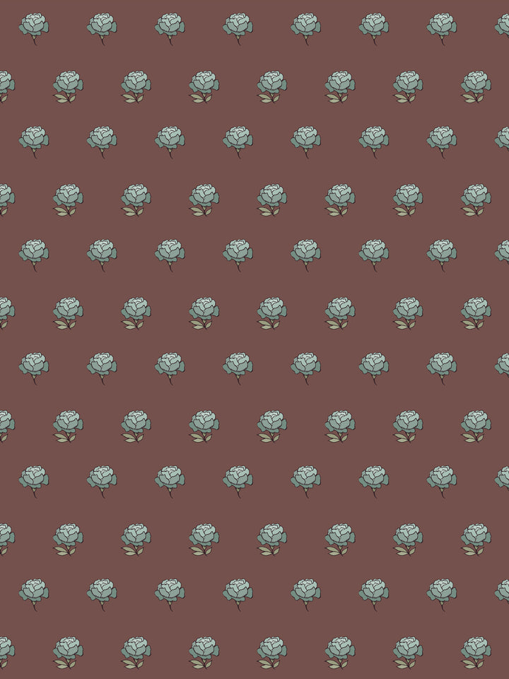 Peony Party wallpaper: grey-blue peonies with khaki leaves on a faded maroon brown ground
