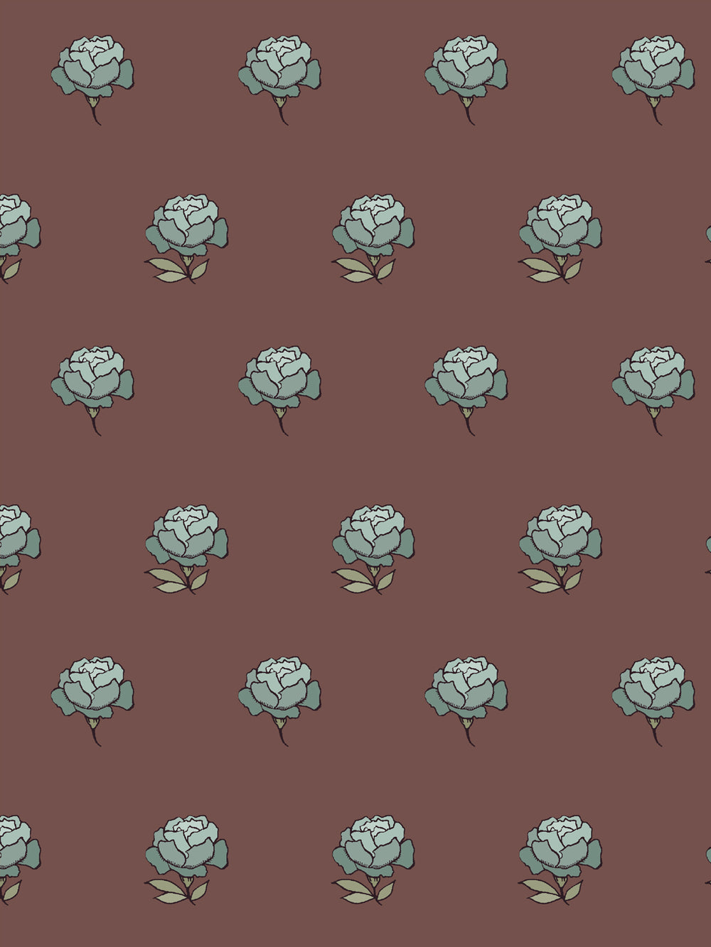 Close crop of dusty grey blue teal peony heads on muted mauve brown maroon