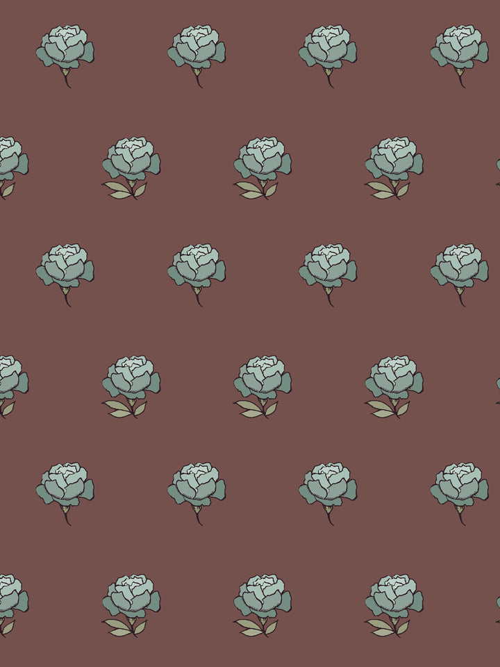 Close crop of dusty grey blue teal peony heads on muted mauve brown maroon