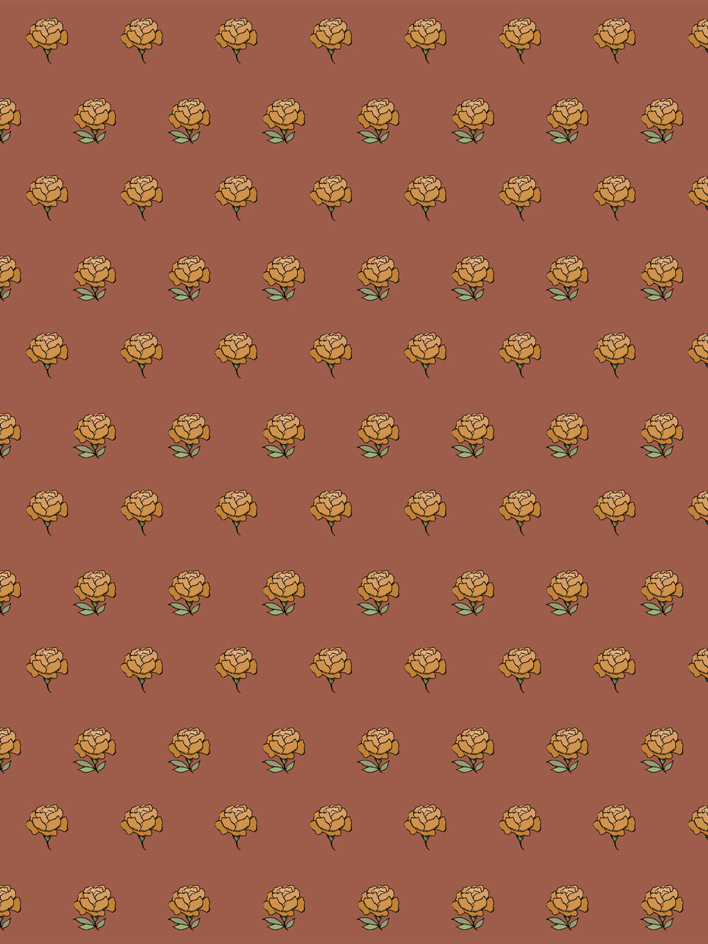 Peony Party wallpaper: ochre gold peonies with sage leaves on a brick terracotta ground