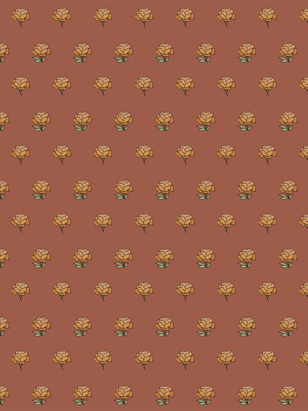 Peony Party wallpaper: ochre gold peonies with sage leaves on a brick terracotta ground