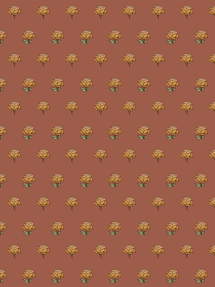 Peony Party wallpaper: ochre gold peonies with sage leaves on a brick terracotta ground