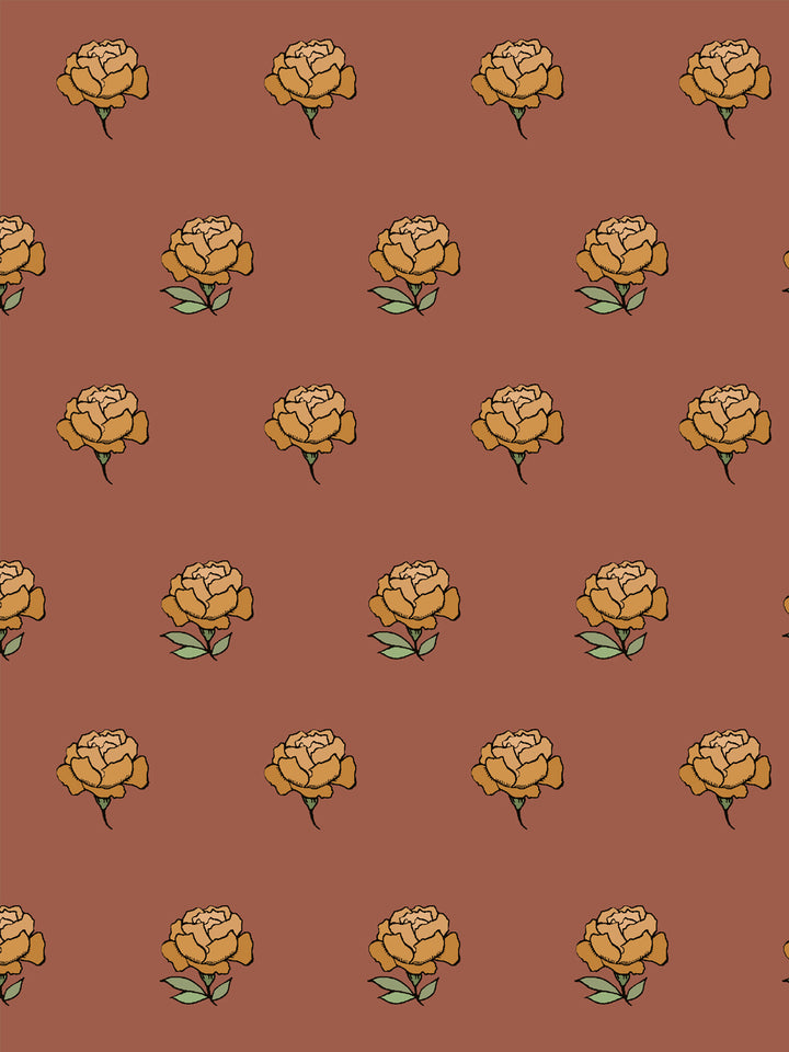 Close crop of golden ochre amber peony heads on brick terracotta clay
