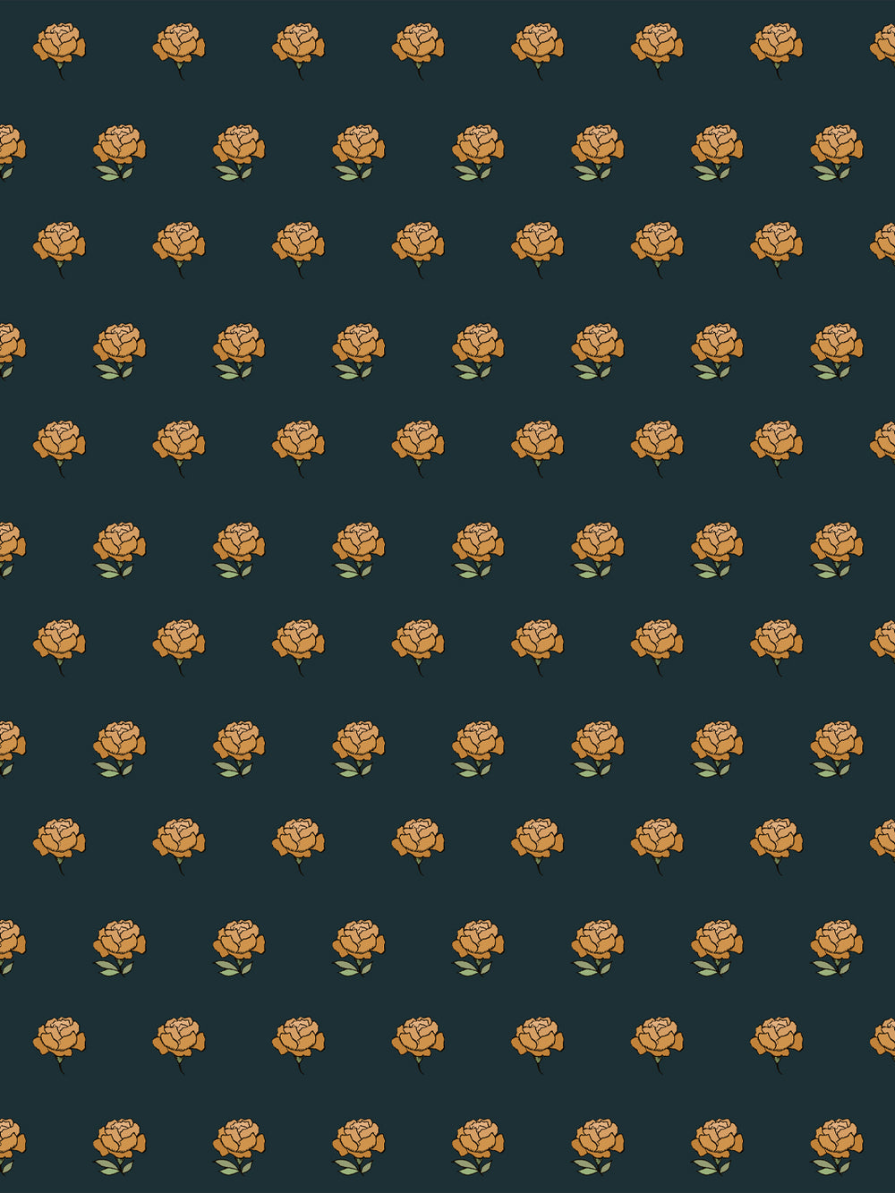 Peony Party wallpaper: golden ochre peonies with sage leaves on a near-black dark teal ground