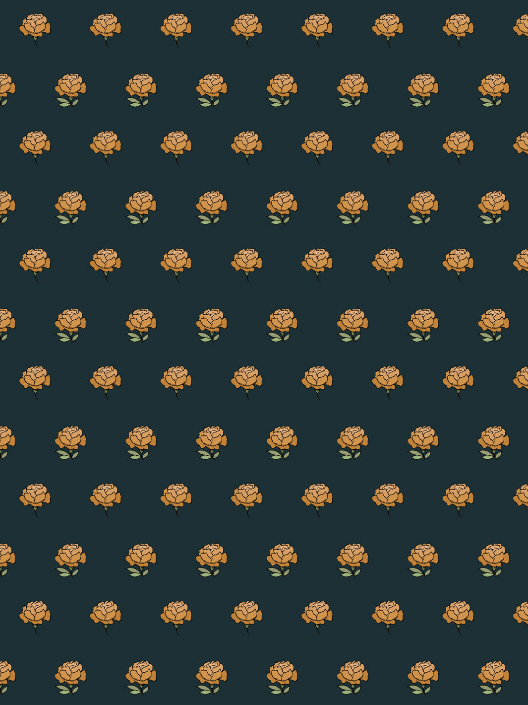 Peony Party wallpaper: golden ochre peonies with sage leaves on a near-black dark teal ground