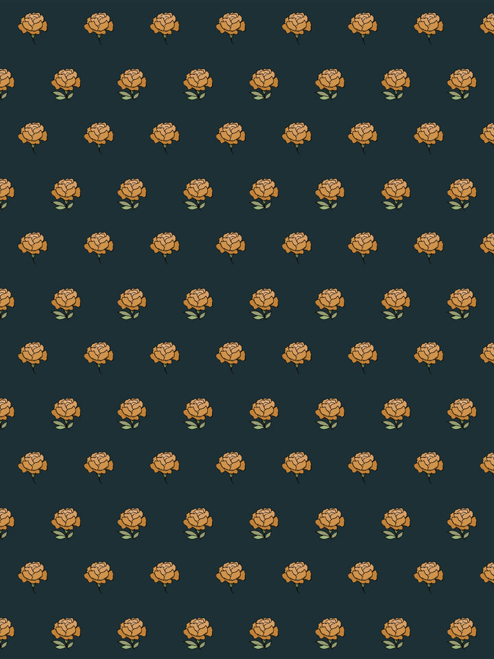 Peony Party wallpaper: golden ochre peonies with sage leaves on a near-black dark teal ground