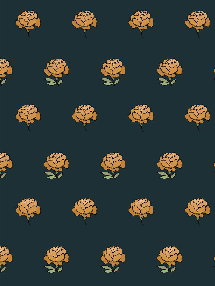 Close crop of warm ochre gold peony heads on very dark blue black teal