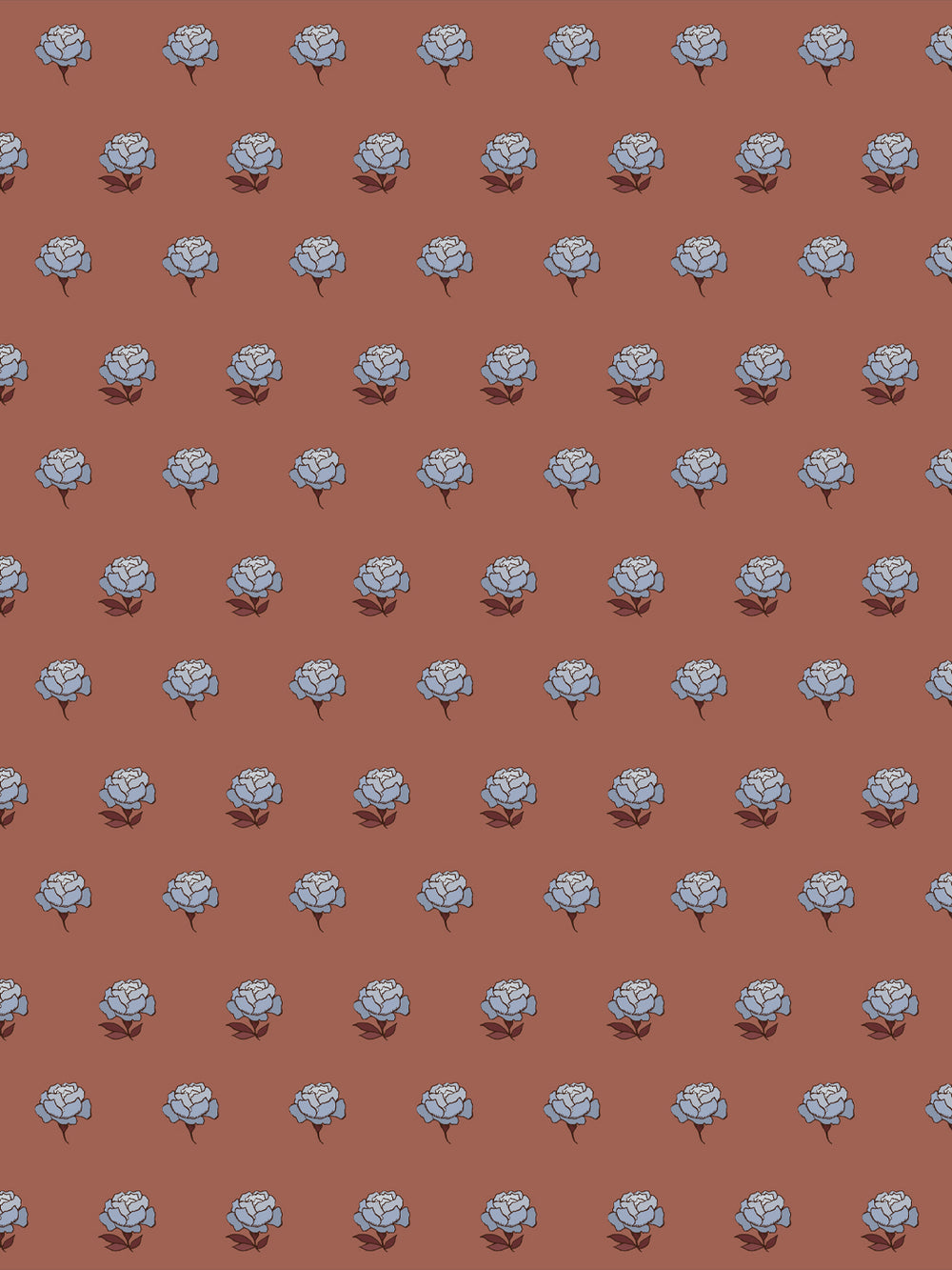 Peony Party wallpaper: periwinkle blue peonies with plum leaves on a muted terracotta clay ground