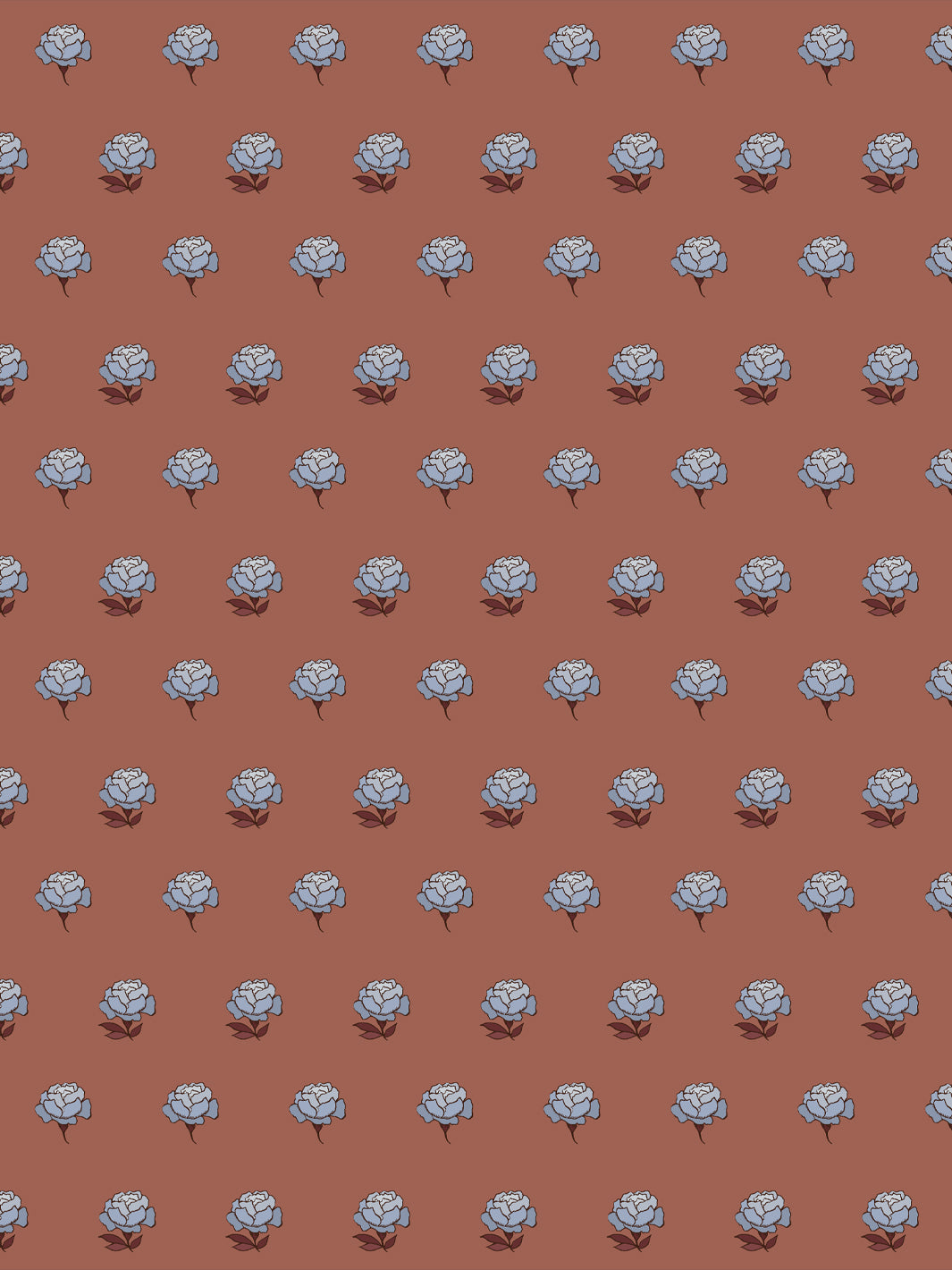 Peony Party wallpaper: periwinkle blue peonies with plum leaves on a muted terracotta clay ground