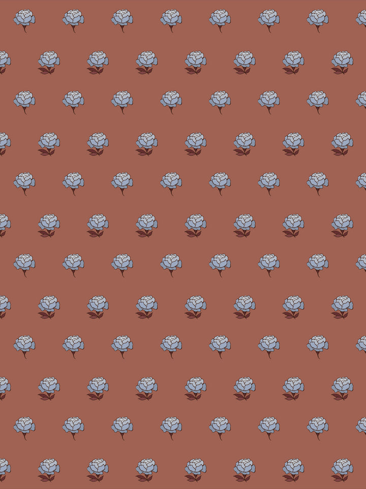 Peony Party wallpaper: periwinkle blue peonies with plum leaves on a muted terracotta clay ground