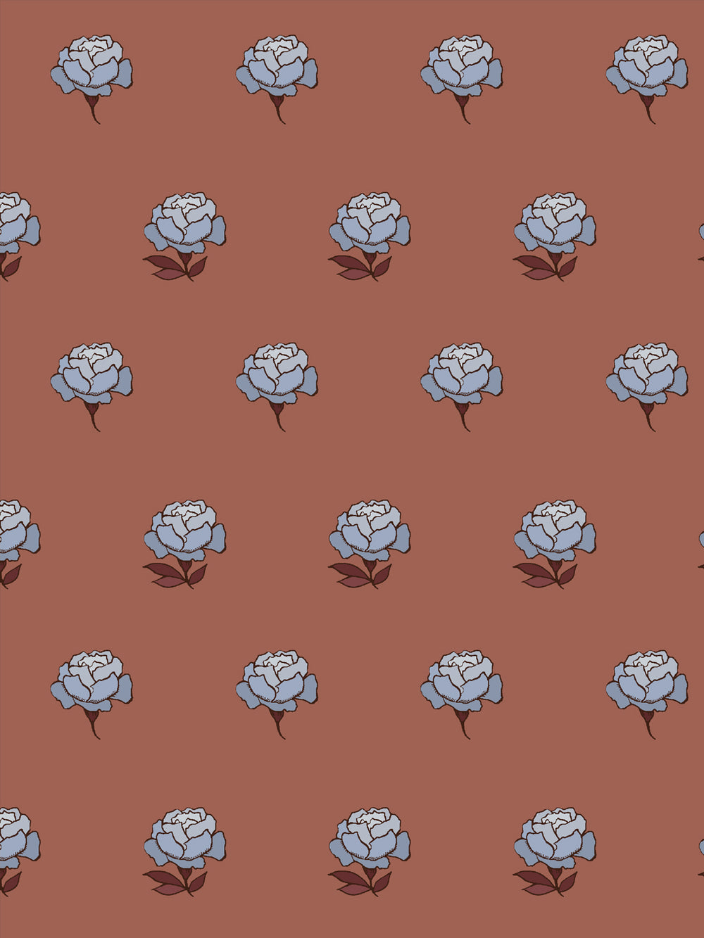 Close crop of periwinkle blue peony heads on muted terracotta clay brown