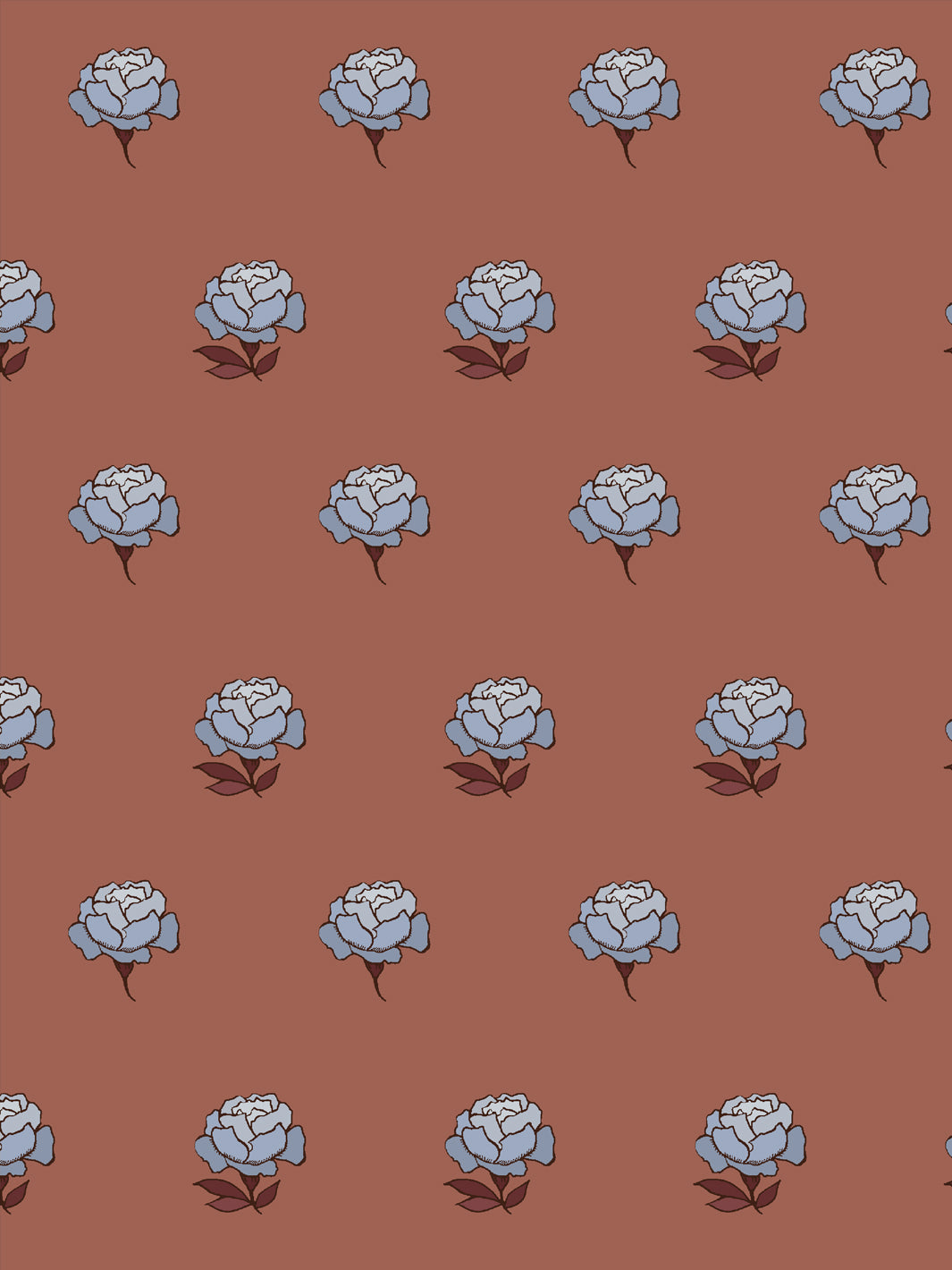 Close crop of periwinkle blue peony heads on muted terracotta clay brown