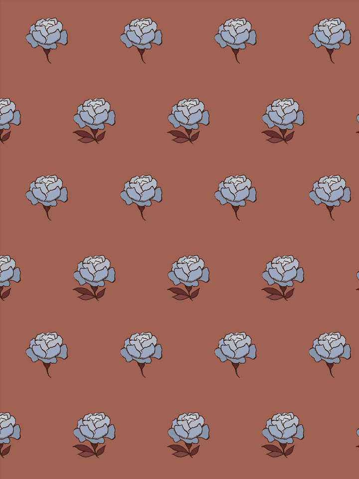 Close crop of periwinkle blue peony heads on muted terracotta clay brown