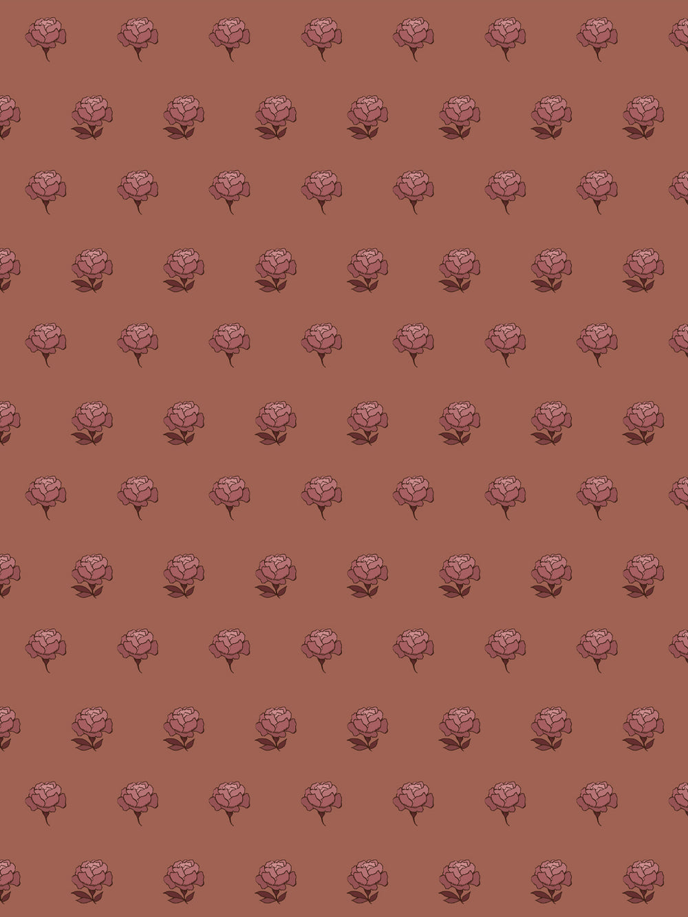 Peony Party wallpaper: dusty rose peonies with plum leaves on a tonal terracotta clay ground