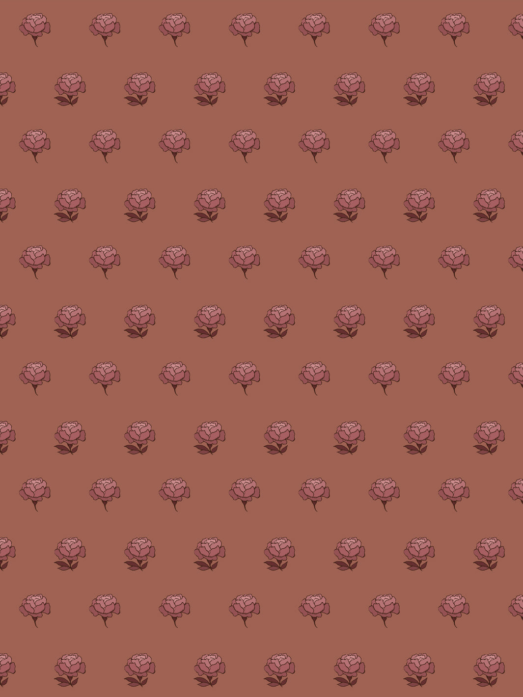 Peony Party wallpaper: dusty rose peonies with plum leaves on a tonal terracotta clay ground