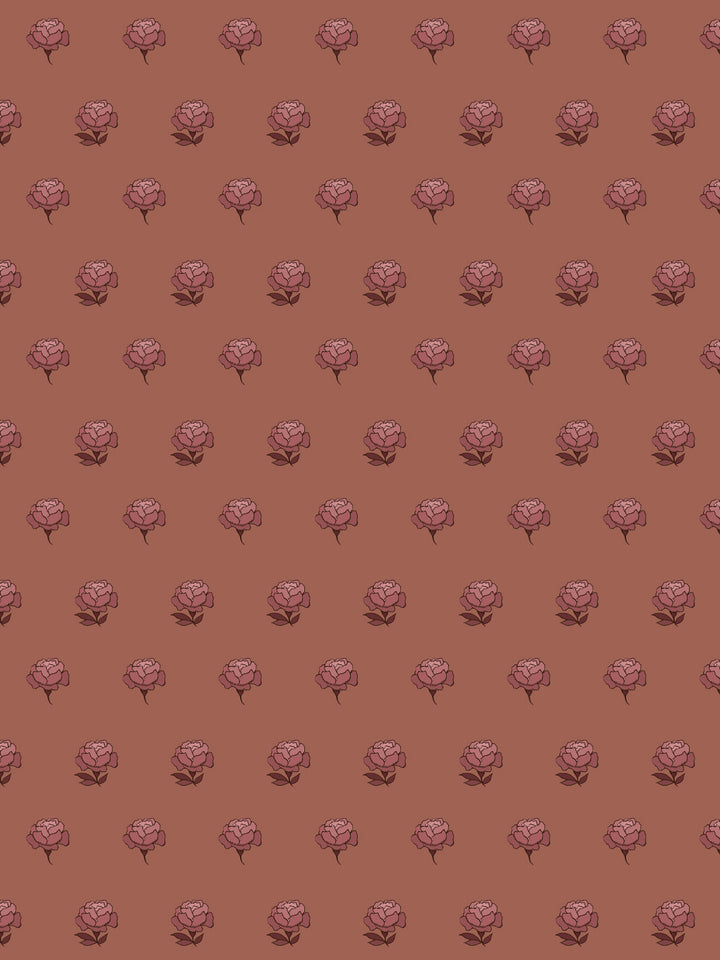 Peony Party wallpaper: dusty rose peonies with plum leaves on a tonal terracotta clay ground