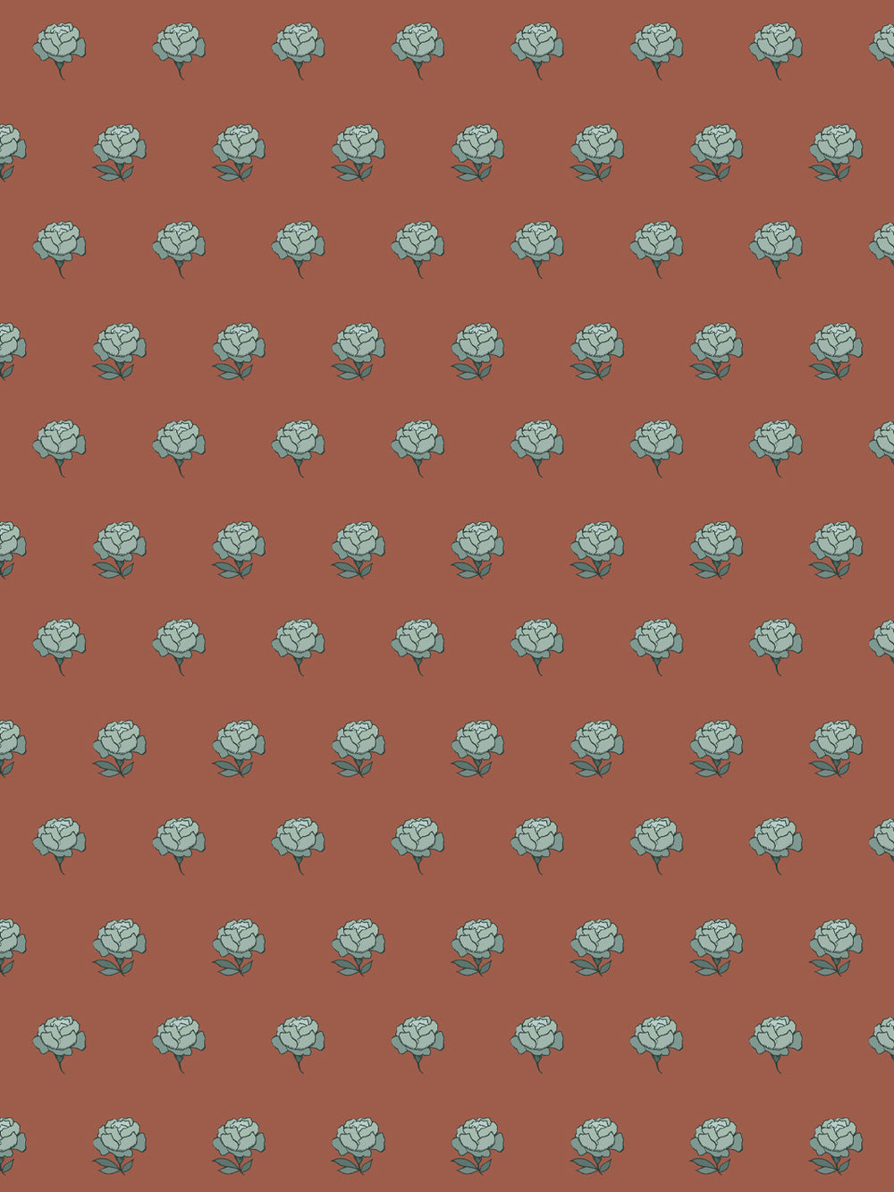 Peony Party wallpaper: seafoam green peonies with teal leaves on a warm brick rust ground