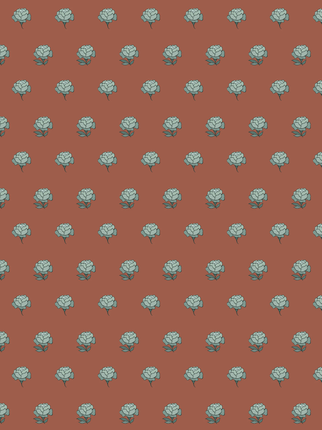 Peony Party wallpaper: seafoam green peonies with teal leaves on a warm brick rust ground