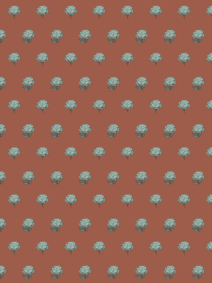 Peony Party wallpaper: seafoam green peonies with teal leaves on a warm brick rust ground