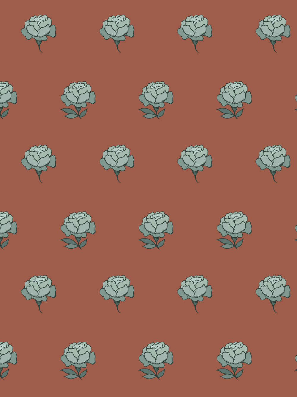 Close crop of pale seafoam blue green peony heads on warm brick rust terracotta