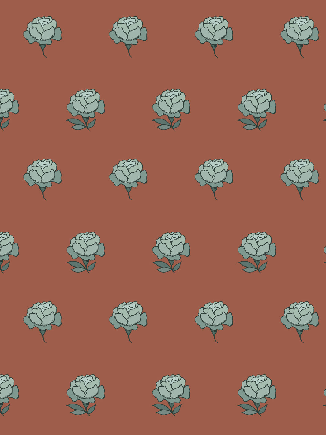 Close crop of pale seafoam blue green peony heads on warm brick rust terracotta