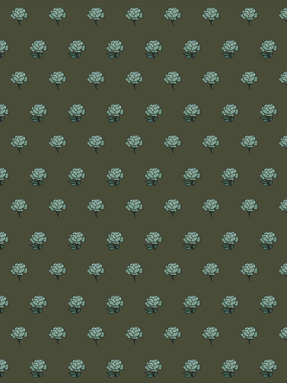 Peony Party wallpaper: sage teal peonies with dark teal leaves on a deep olive moss ground